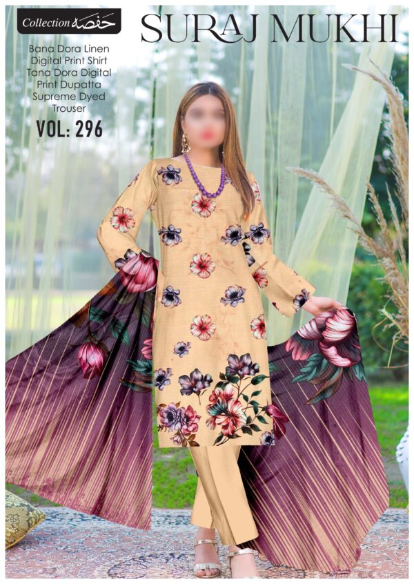 Suraj Mukhi mid-summer lawn suit by Hafsa Collection, featuring Bana Dora digital printed shirt, Tana Dora dupatta, and dyed lawn shalwar – Volume 296